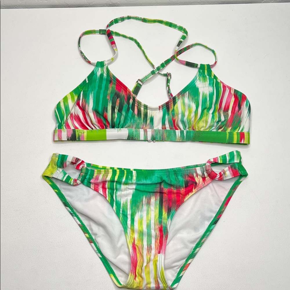 Athleta Wailea Scoop Crisscross Green Pink Striped Bikini small - Picture 4 of 9